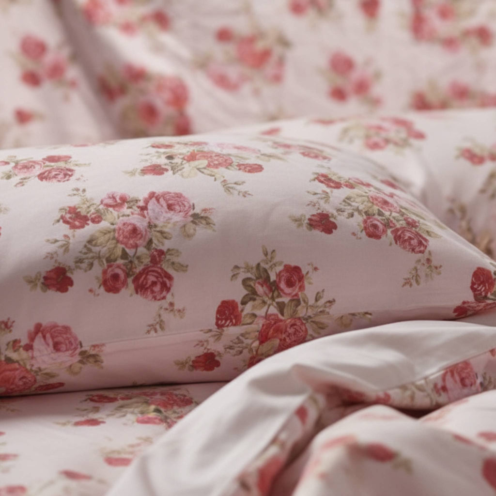 Floral patterned bedding with pink roses on a white background