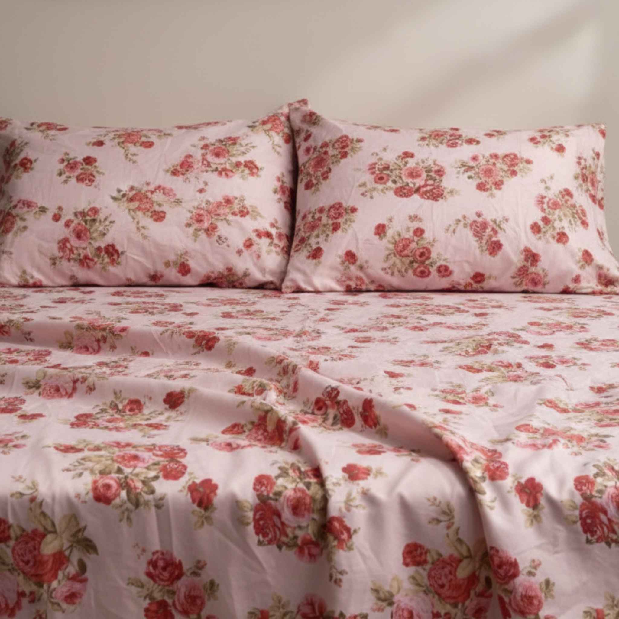Floral patterned bedspread and pillows on a bed.