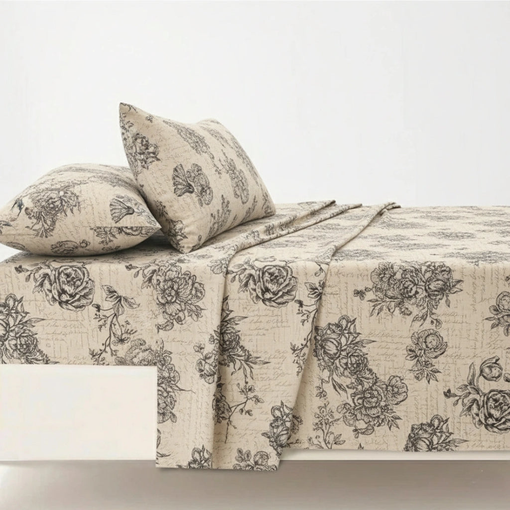 Floral patterned bedspread and pillows on a bed against a white background