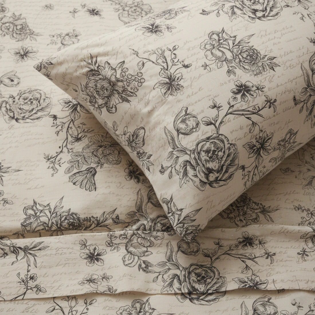 Floral patterned fabric with black flowers on a beige background