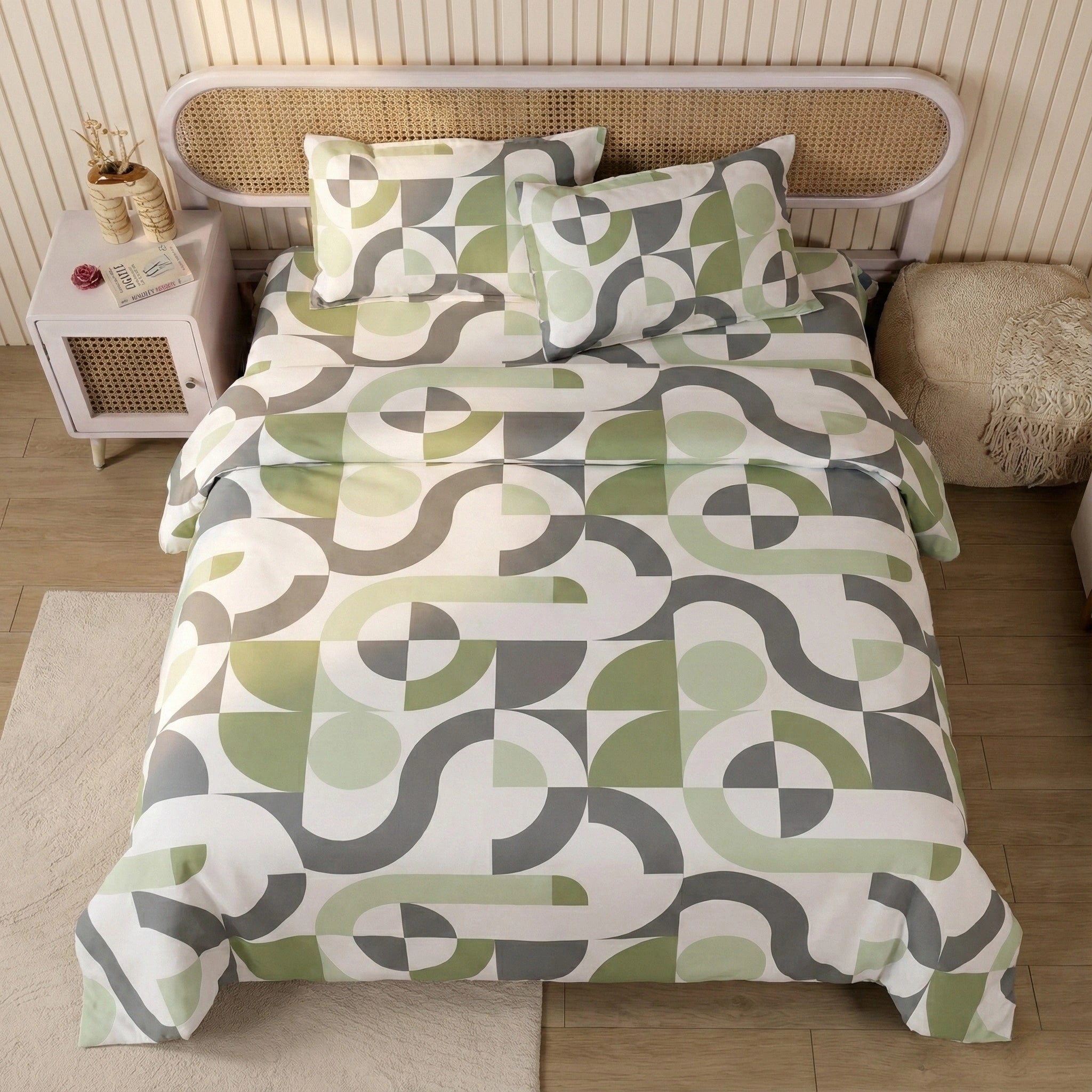 Geometric patterned bedspread on a bed in a bedroom setting