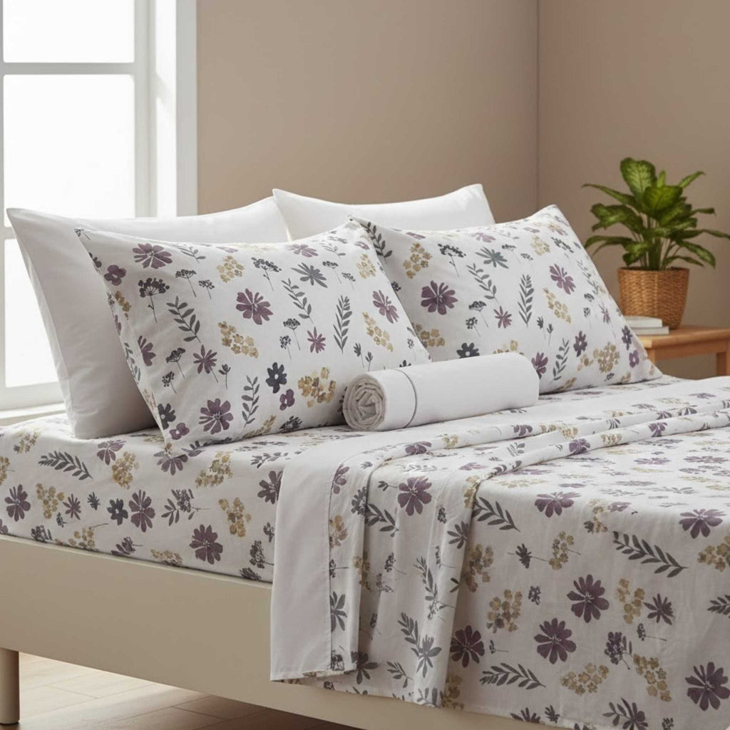 Gray quilted bedspread on a bed with a wicker headboard in a bedroom setting.