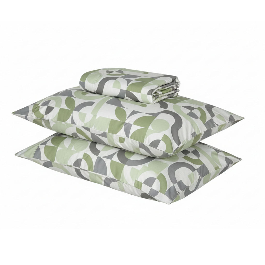 Green and gray patterned bedding set on a white background