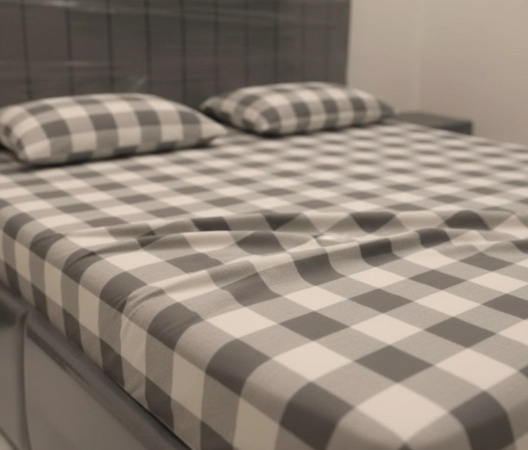 Nordic Grey Check – 100% Cotton Percale Bedsheet Set