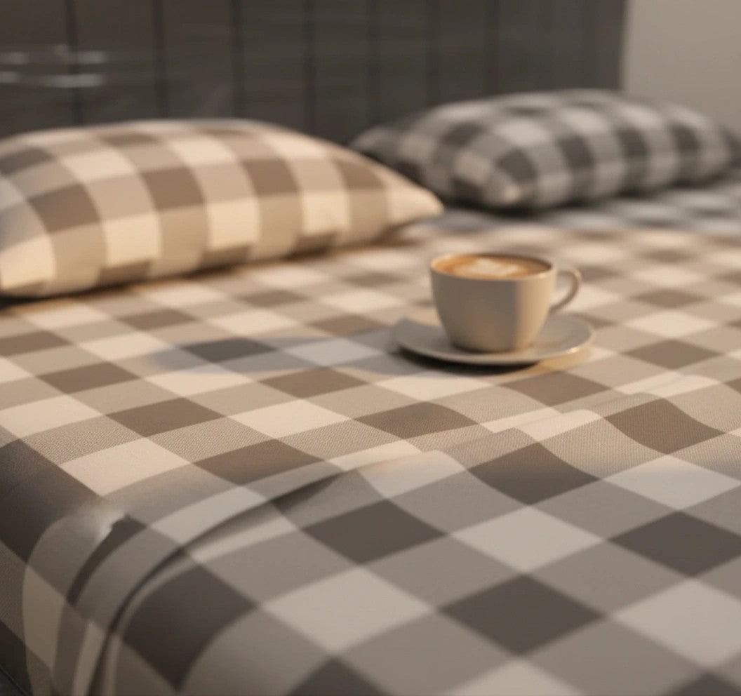 Nordic Grey Check – 100% Cotton Percale Bedsheet Set