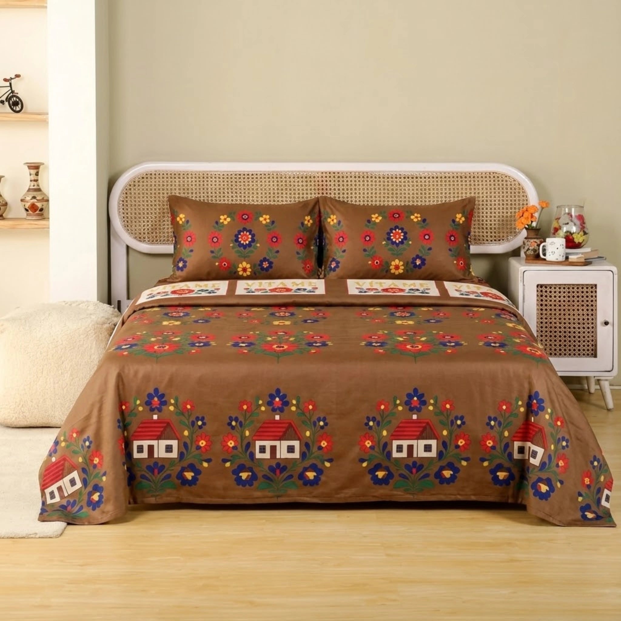 Warm Brown Floral Bedding Set – Bright Colors with Retro House and Flower Design
