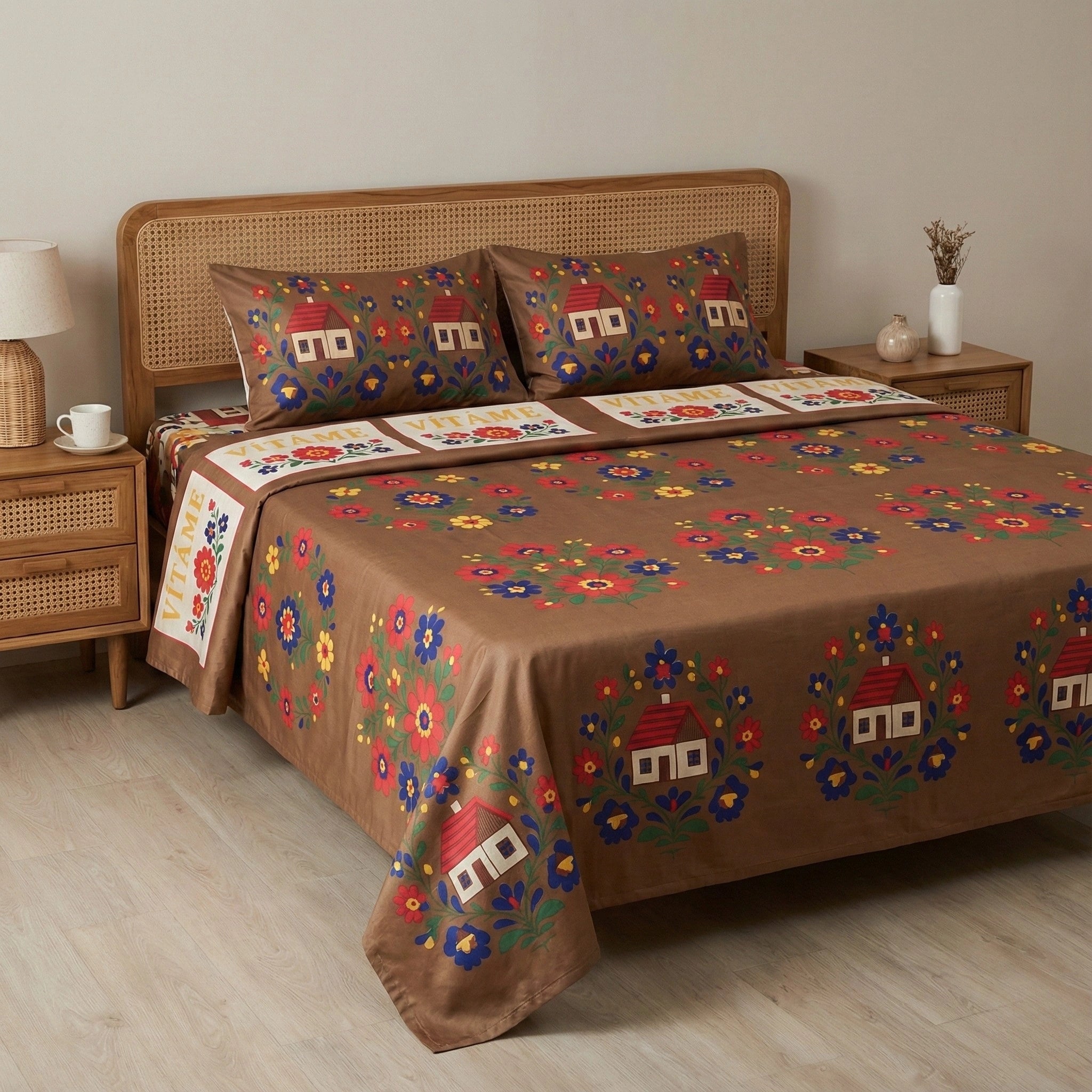 Warm Brown Floral Bedding Set – Bright Colors with Retro House and Flower Design