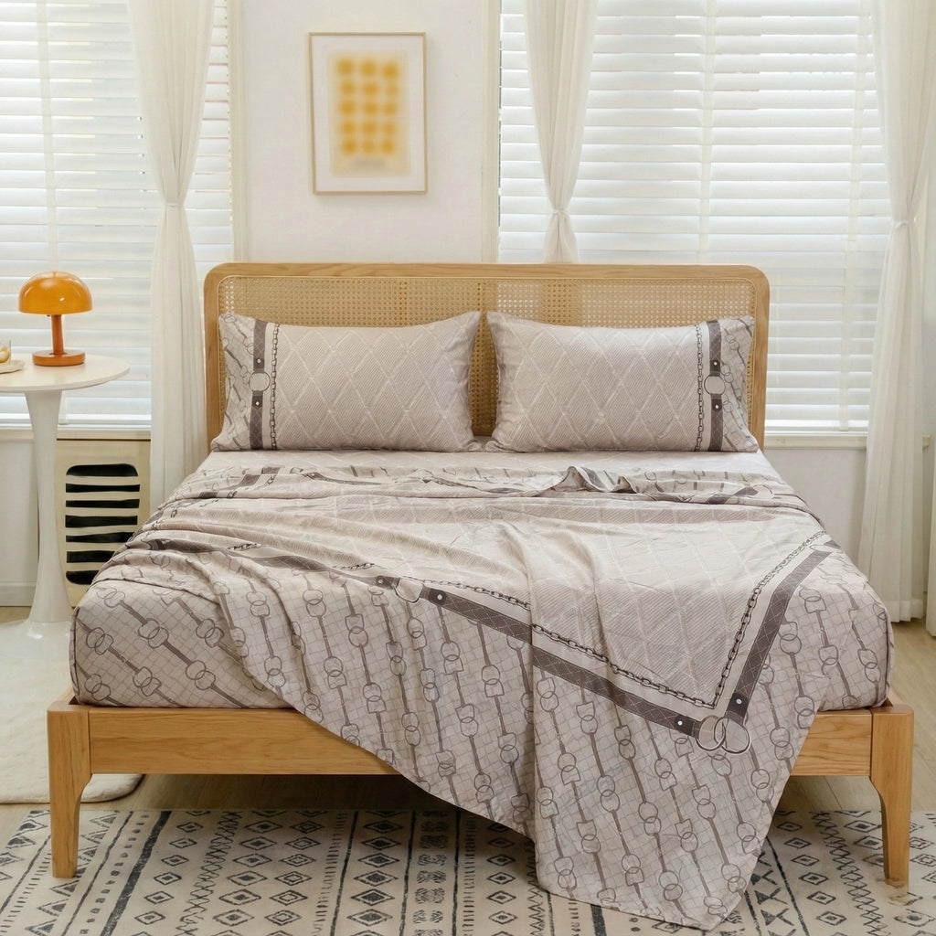 Chain Link Luxe | 100% Pure Cotton Sateen Bed Sheet Set with Cushion Covers  | Aaram by SS