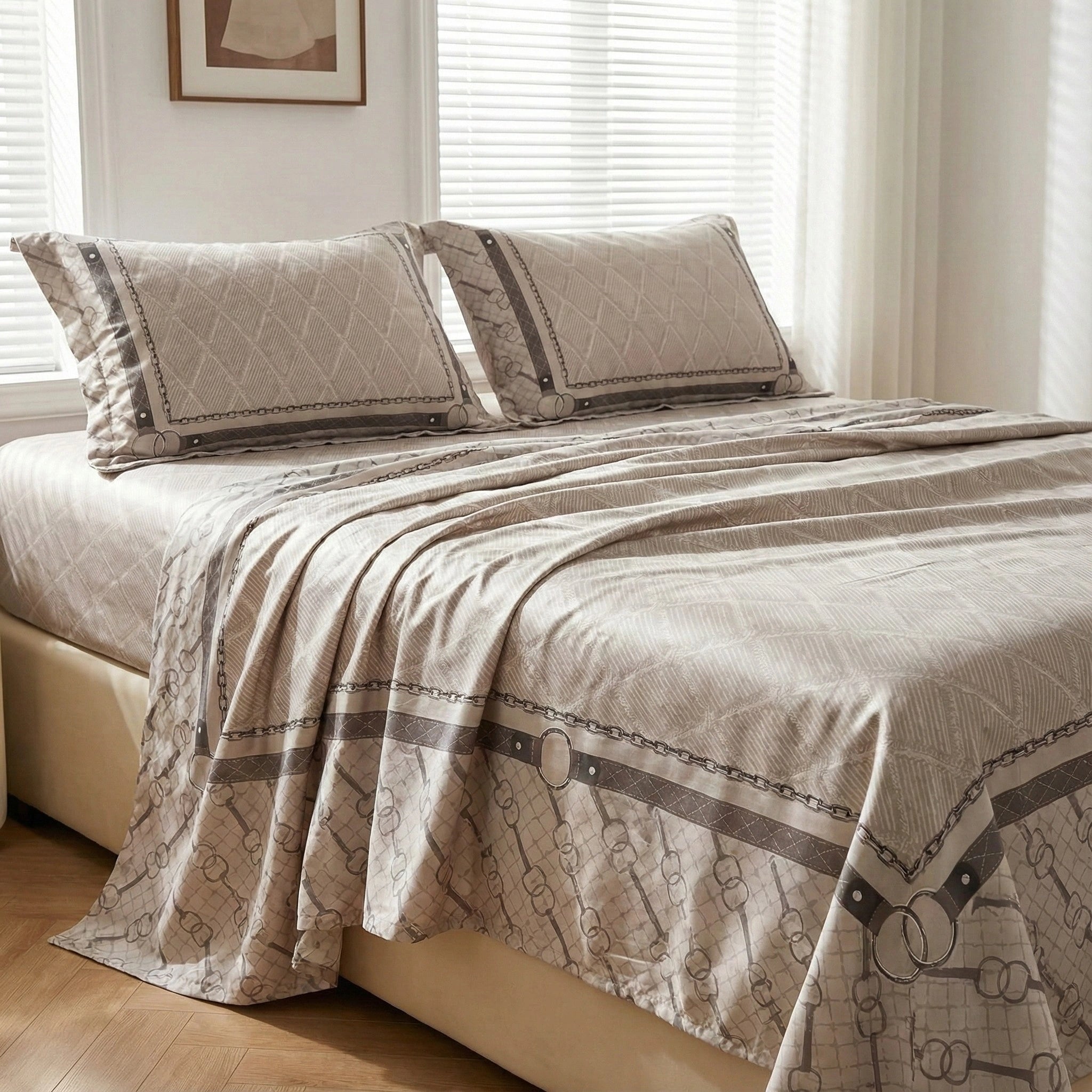 Chain Link Luxe | 100% Pure Cotton Sateen Bed Sheet Set with Cushion Covers  | Aaram by SS