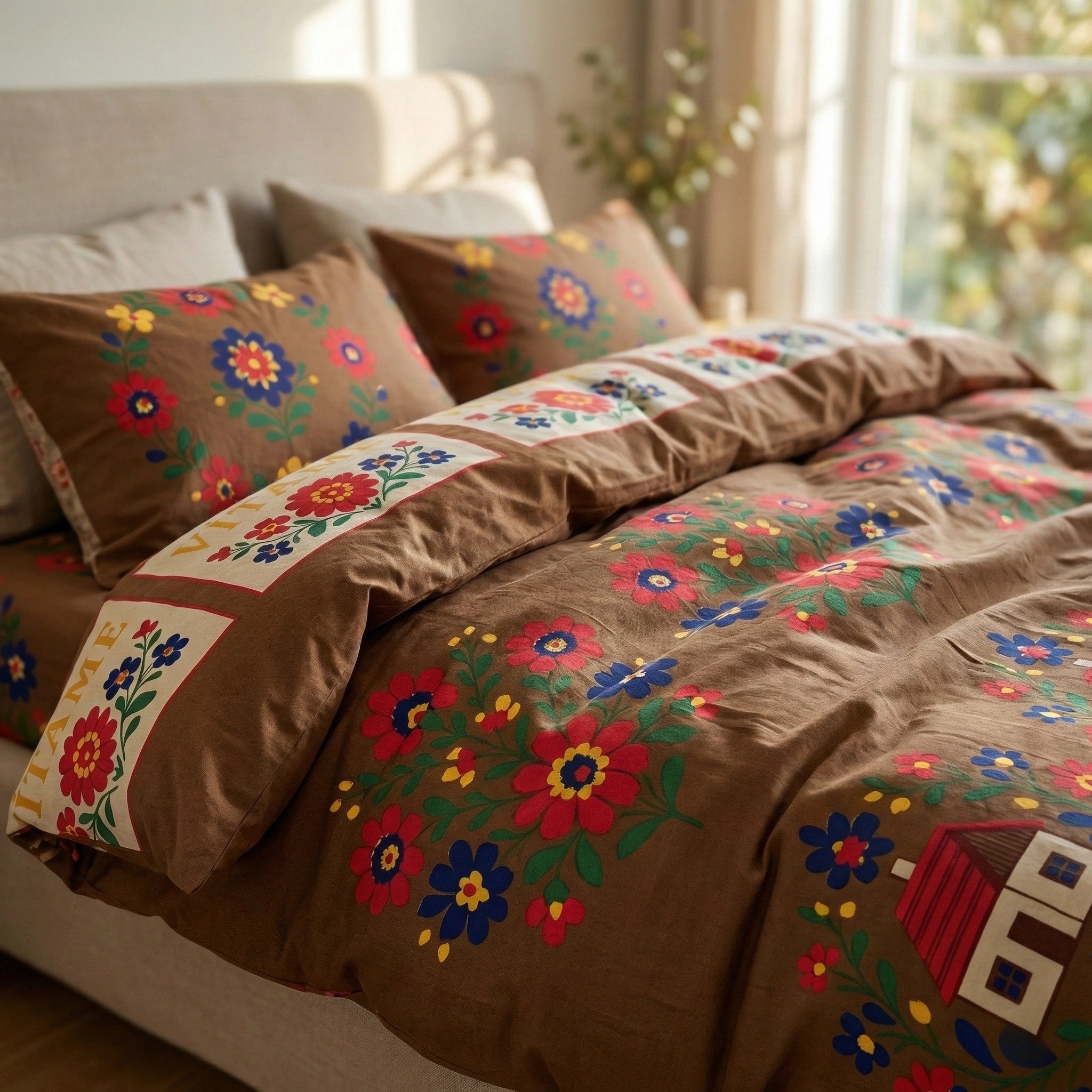Warm Brown Floral Bedding Set – Bright Colors with Retro House and Flower Design