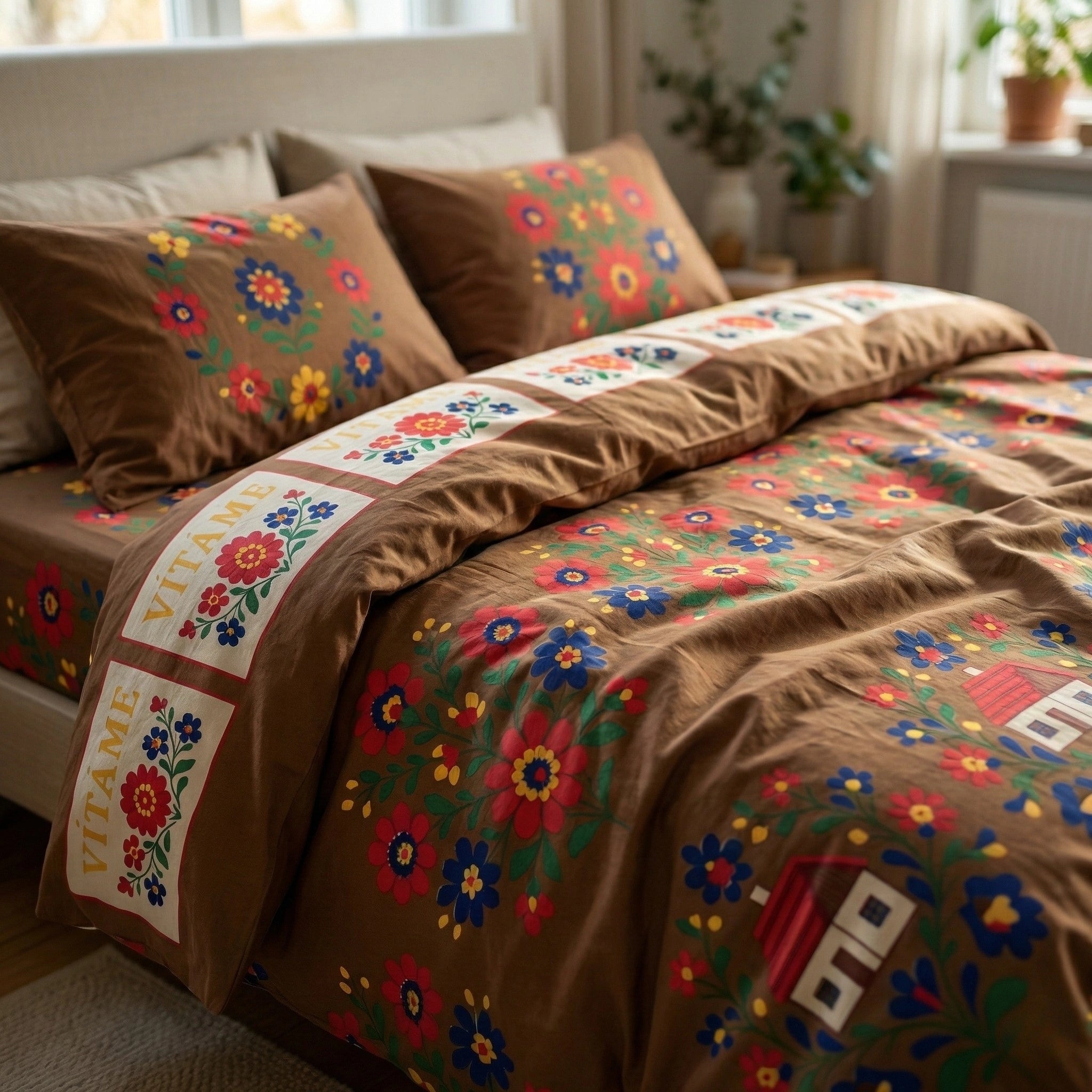 Warm Brown Floral Bedding Set – Bright Colors with Retro House and Flower Design