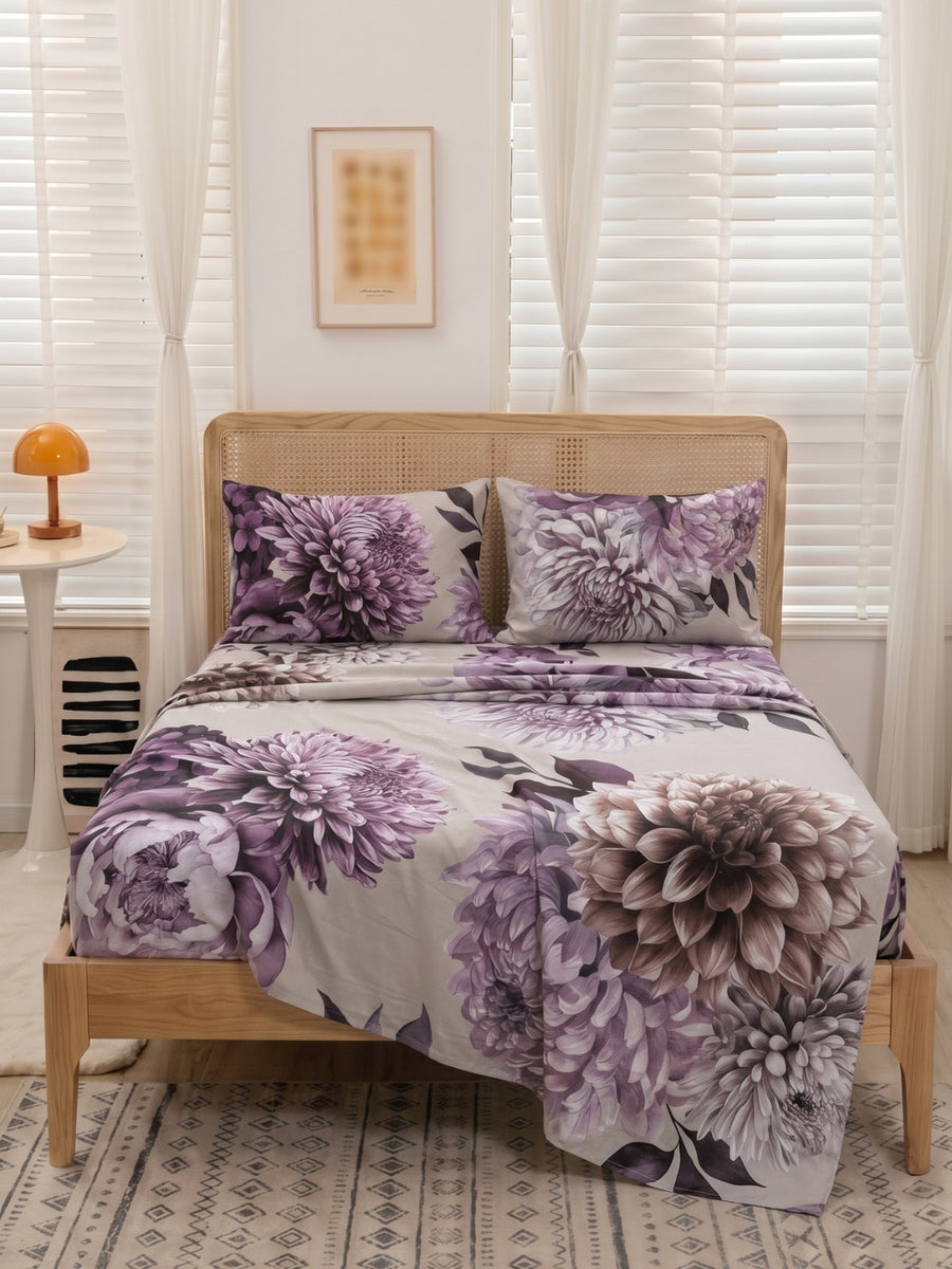 Plum Dahlia Bedsheet — 3 Piece Bedsheet Set