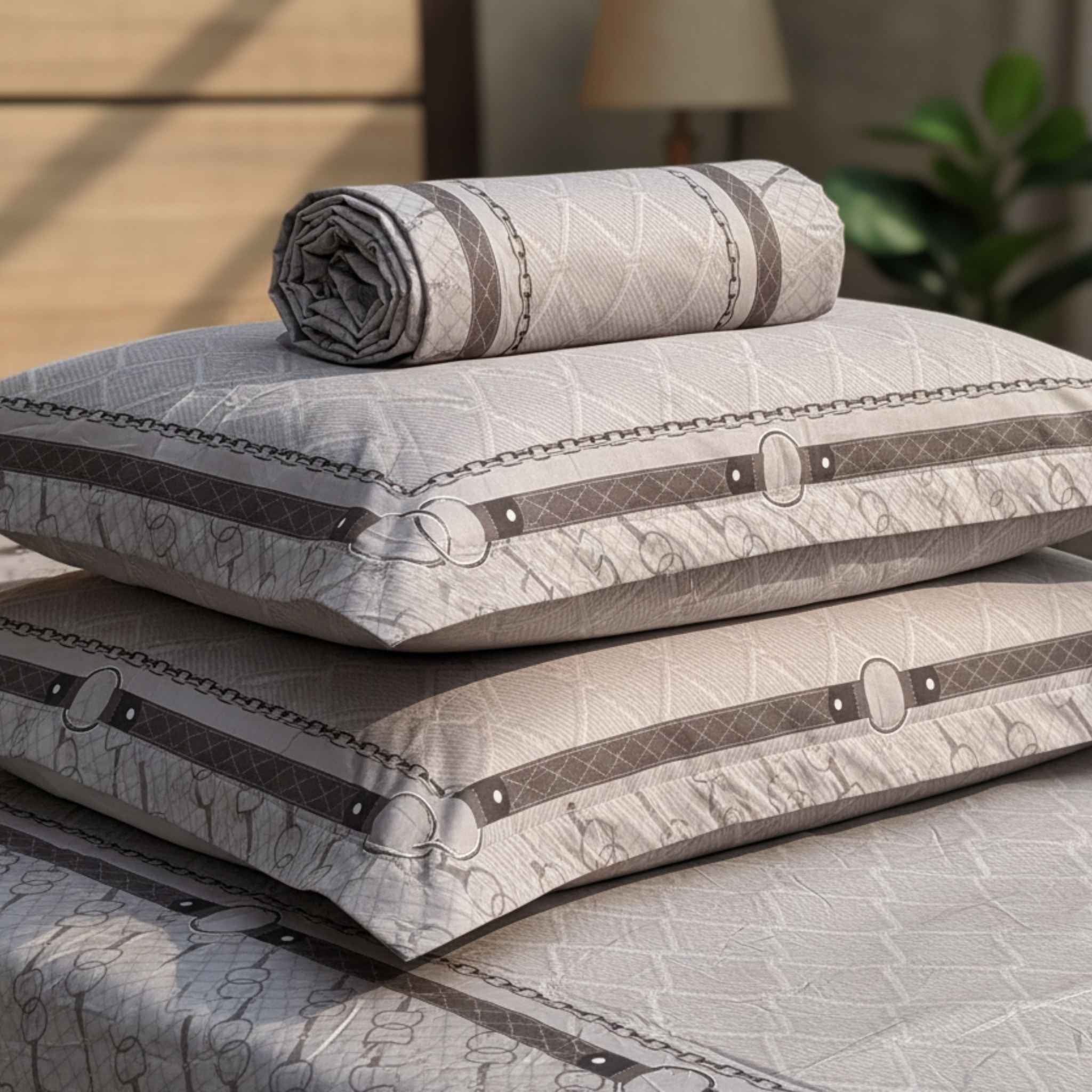 Chain Link Luxe | 100% Pure Cotton Sateen Bed Sheet Set with Cushion Covers  | Aaram by SS