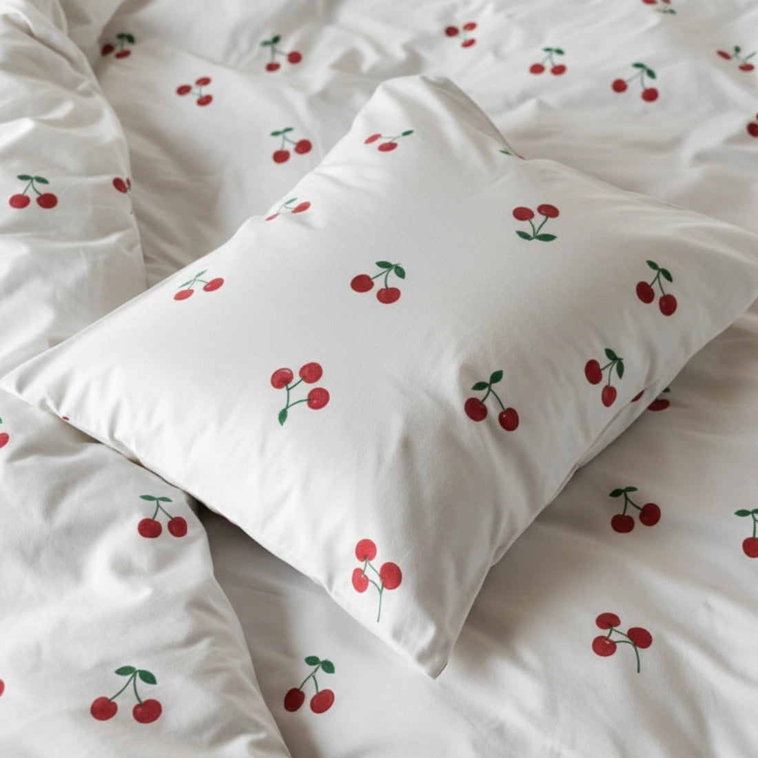 White bedding set with cherry pattern on a white background