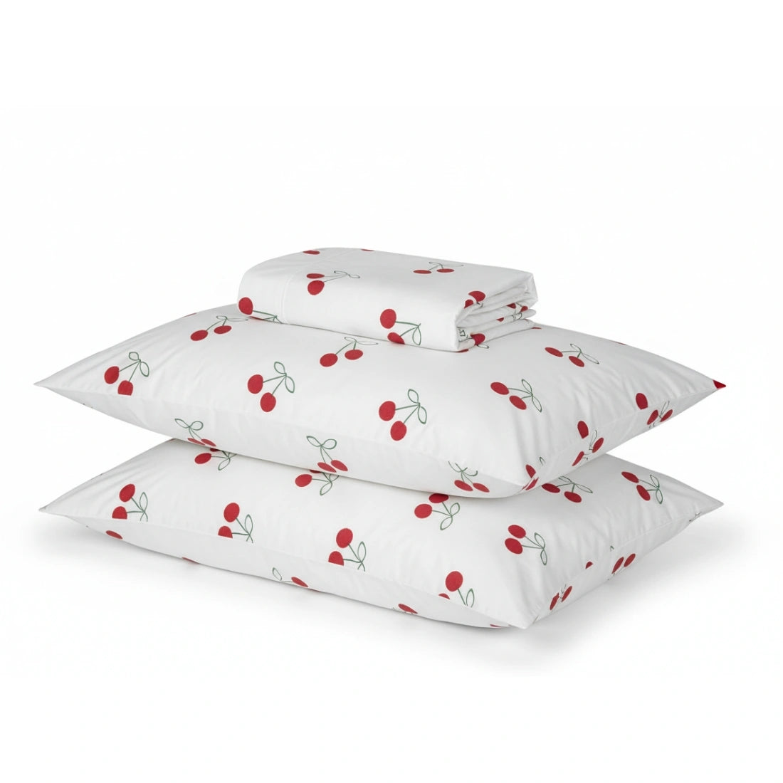White bedding set with red cherry pattern on a white background