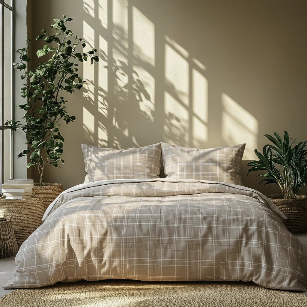 Plaid duvet cover on a bed with plants and sunlight casting shadows on the wall.