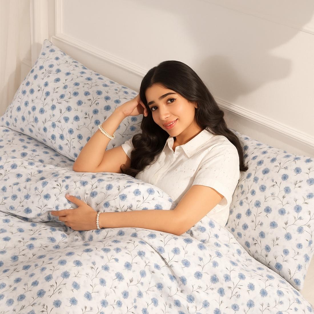 Azure Bloom 100% Pure Cotton Bed Sheet Set – Premium Edition