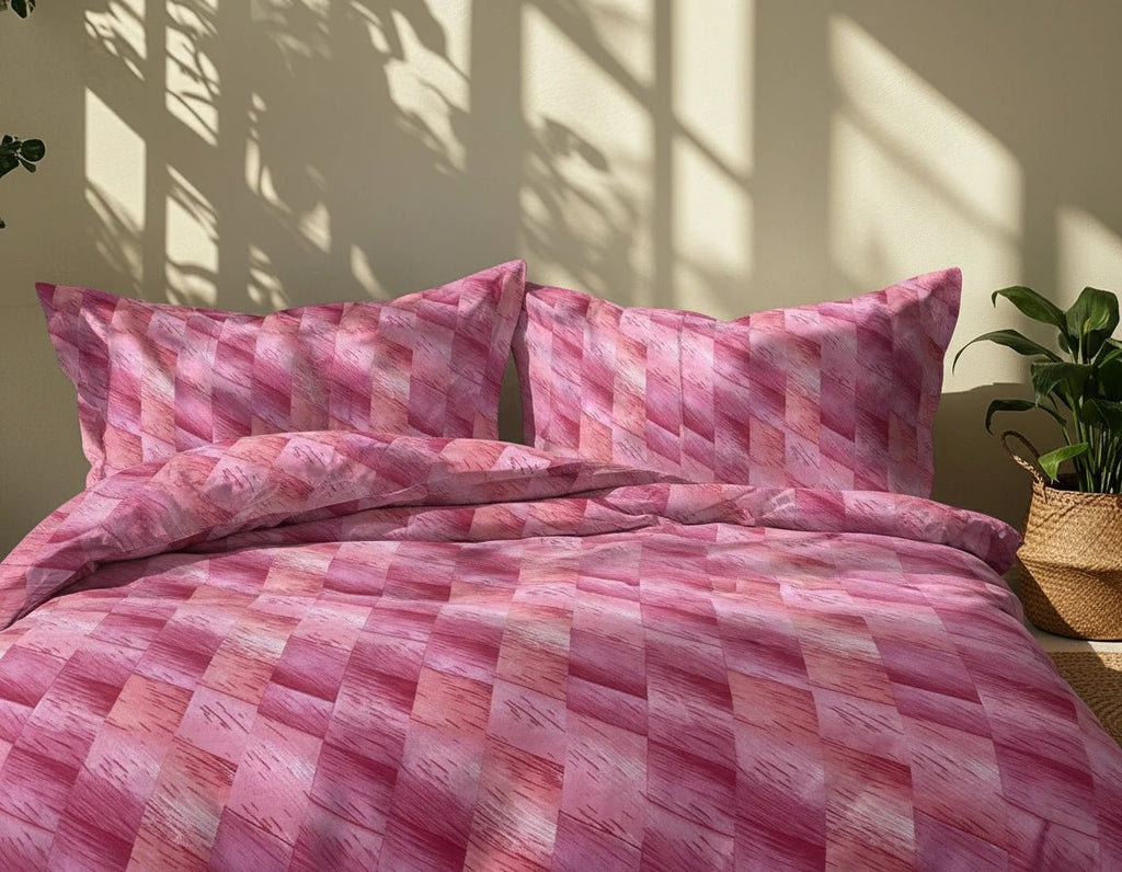 Pink checkered bedding set on a bed with a plant in the background