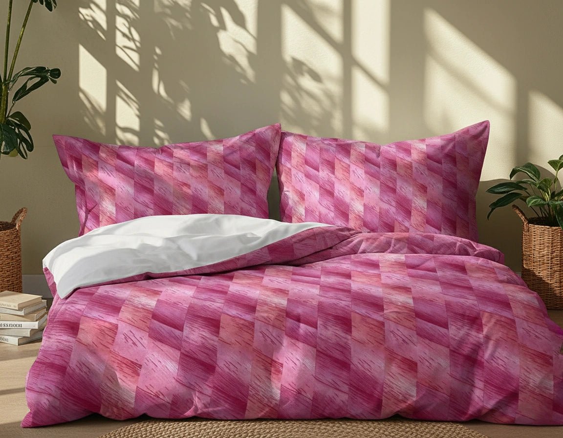 Pink checkered bedspread with pillows on a bed in a room with sunlight filtering through.