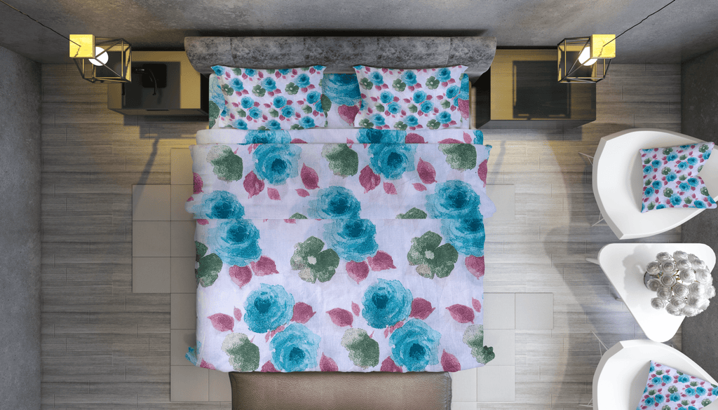 Aqua Rose Floral 100% Pure Cotton Bed Sheet Set | Premium Comfort & Style