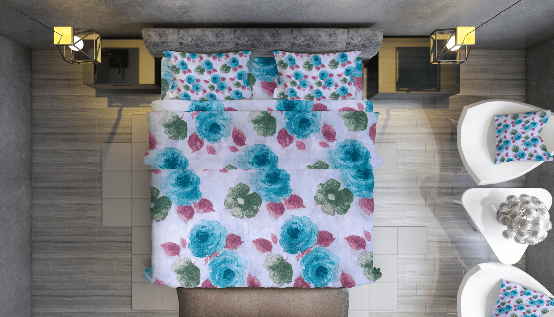 Aqua Rose Floral 100% Pure Cotton Bed Sheet Set | Premium Comfort & Style