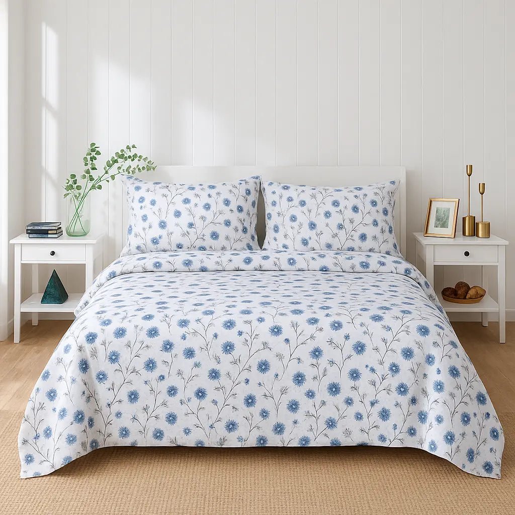 Azure Bloom 100% Pure Cotton Bed Sheet Set – Premium Edition