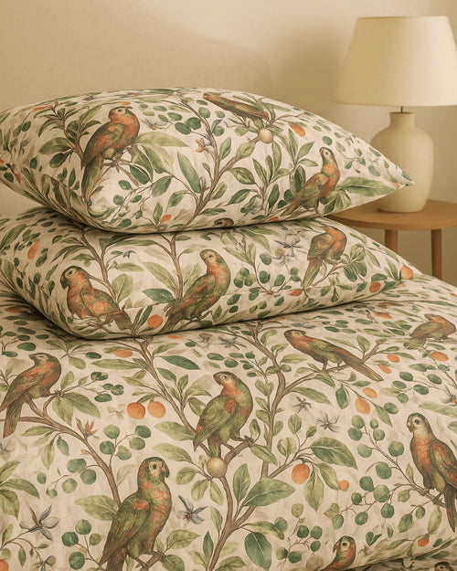 Green Parrot Cotton Satin Bed Sheet Set - Luxe Edition