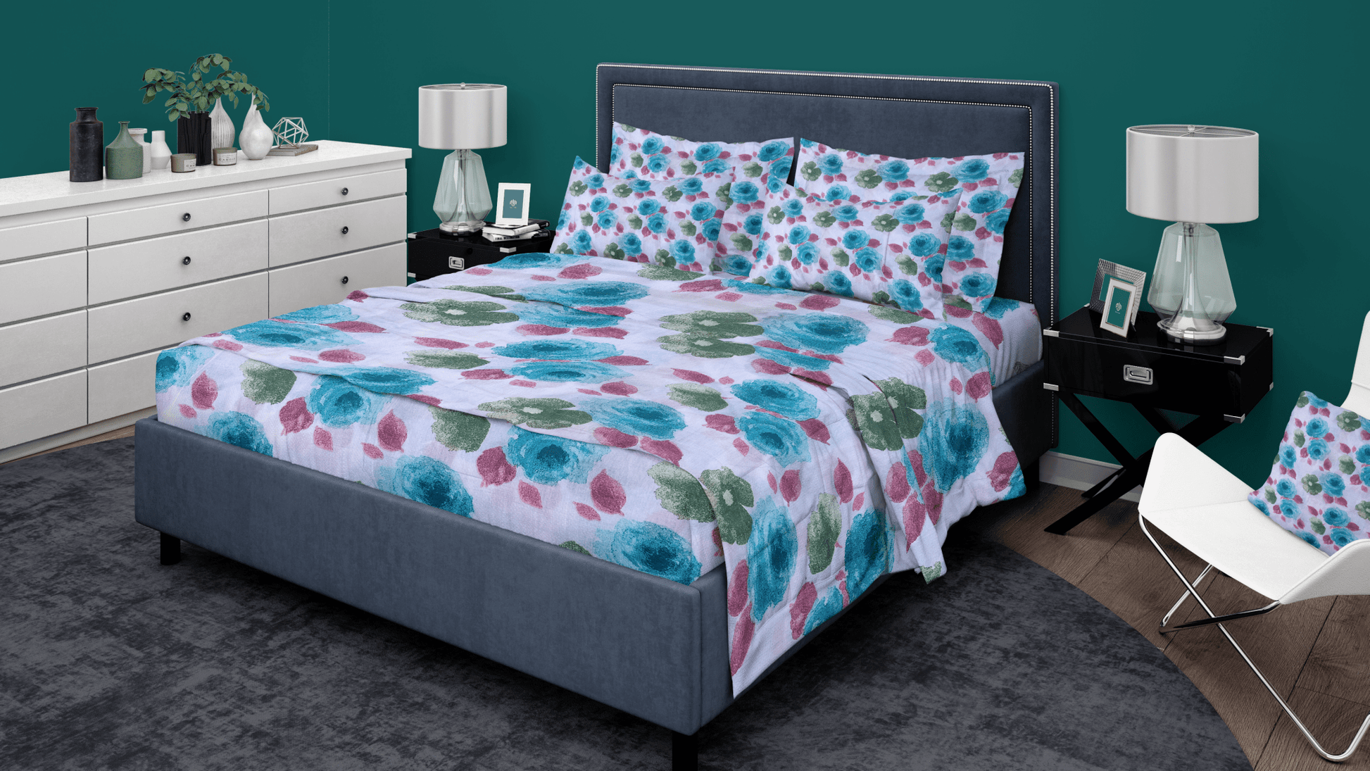 Aqua Rose Floral 100% Pure Cotton Bed Sheet Set | Premium Comfort & Style