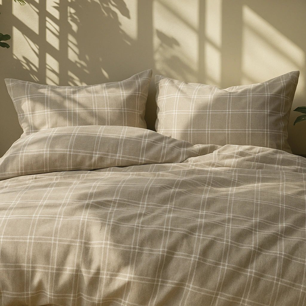 Plaid bedding set with pillows on a bed, sunlight filtering through leaves.