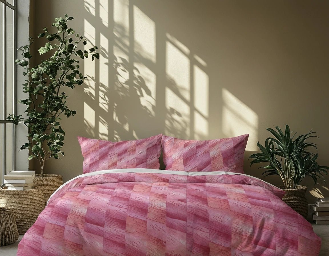 Pink checkered duvet set on a bed with plants and sunlight in the background