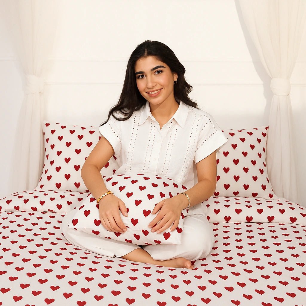 Crimson Hearts 100% Twill Weave Cotton Bed Sheet Set – Premium Edition