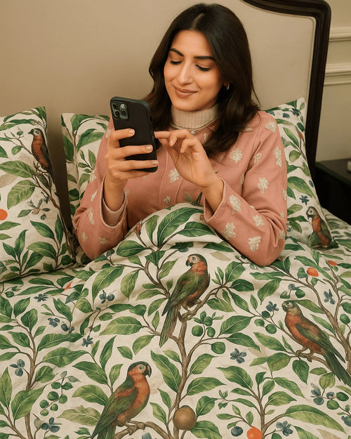 Green Parrot Cotton Satin Bed Sheet Set - Luxe Edition