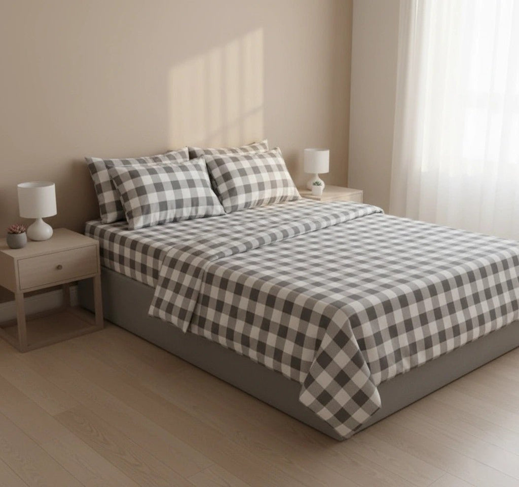 Nordic Grey Check – 100% Cotton Percale Bedsheet Set