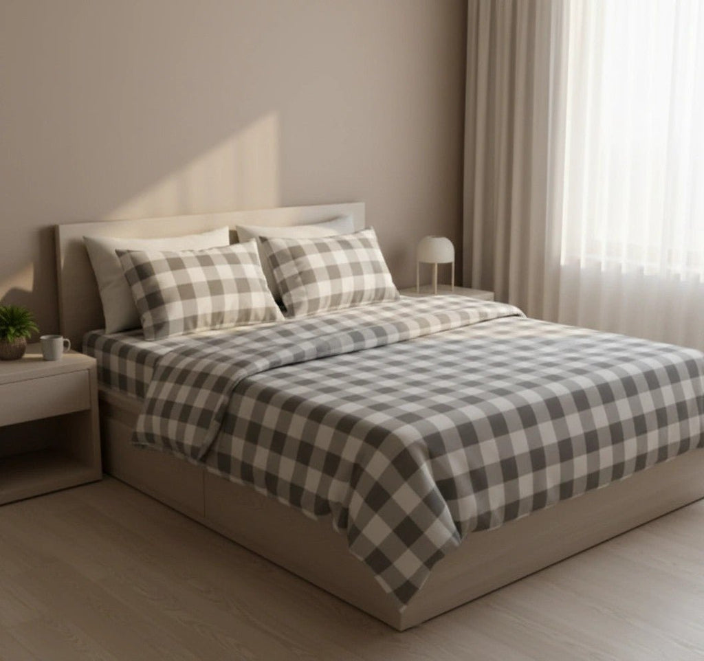 Nordic Grey Check – 100% Cotton Percale Bedsheet Set