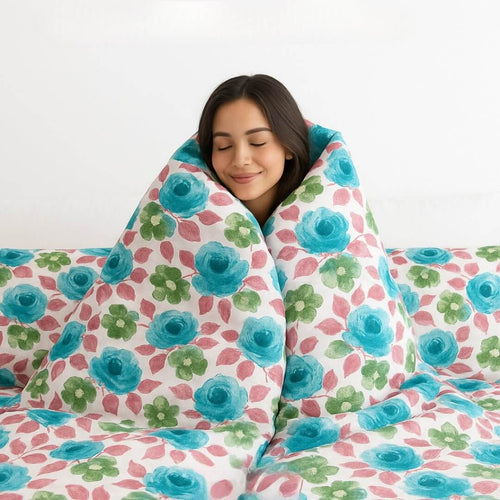 Aqua Rose Floral 100% Pure Cotton Bed Sheet Set | Premium Comfort & Style