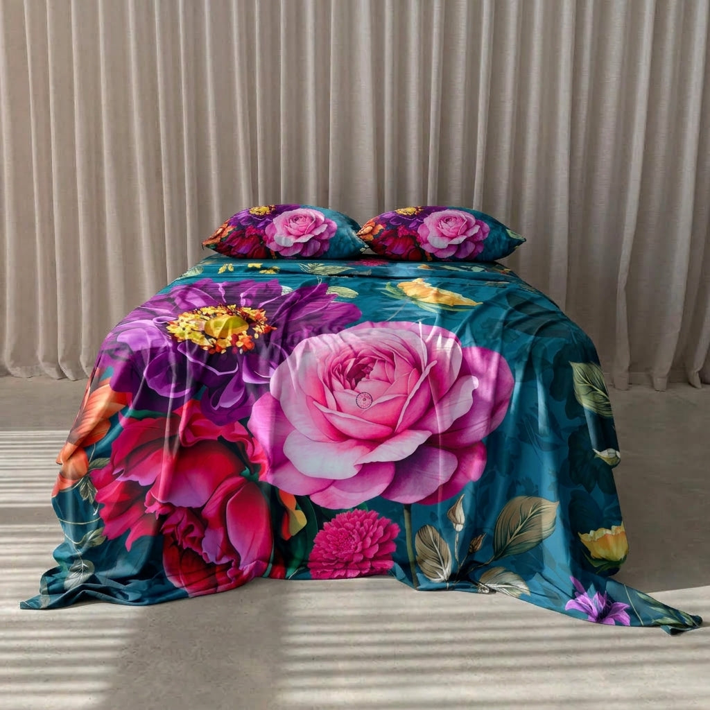 Teal Bloom — 3 Piece Bedsheet Set